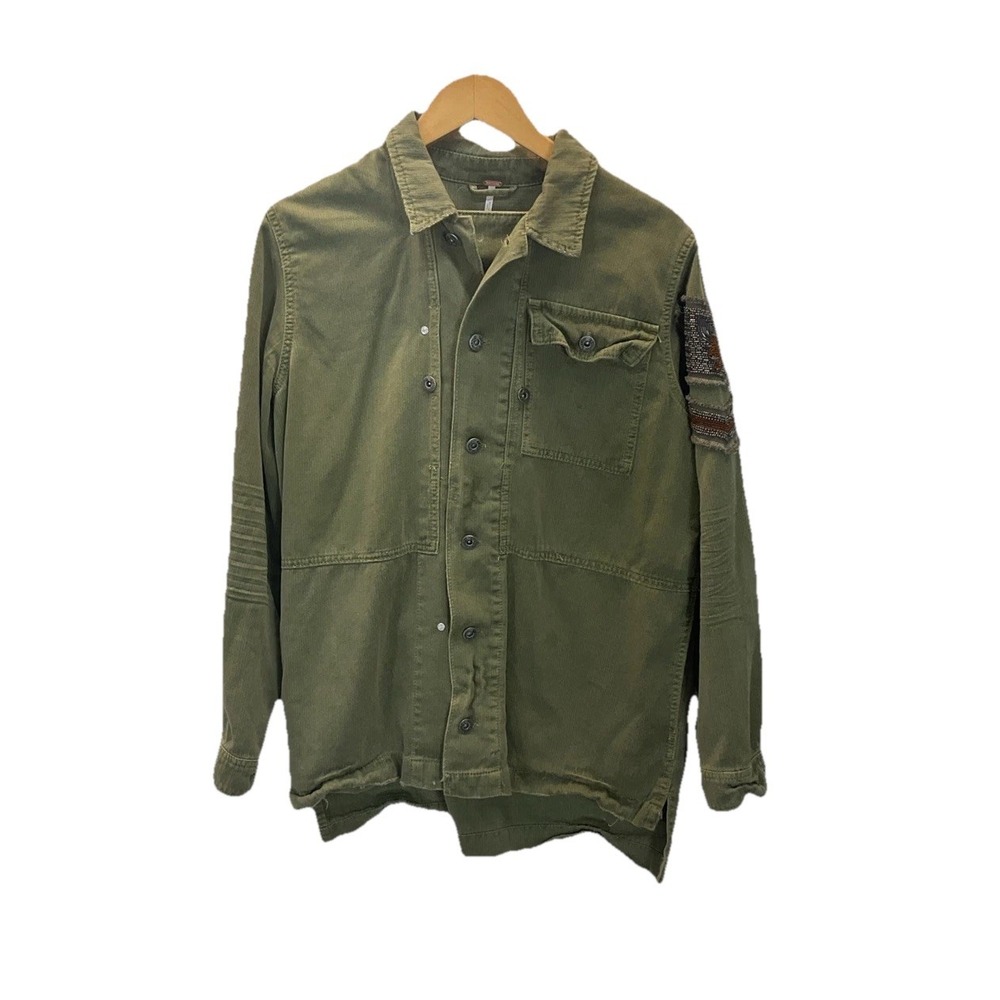 Free People Women's Green Embellished Button Down Military‎ Shirt Jacket Size L